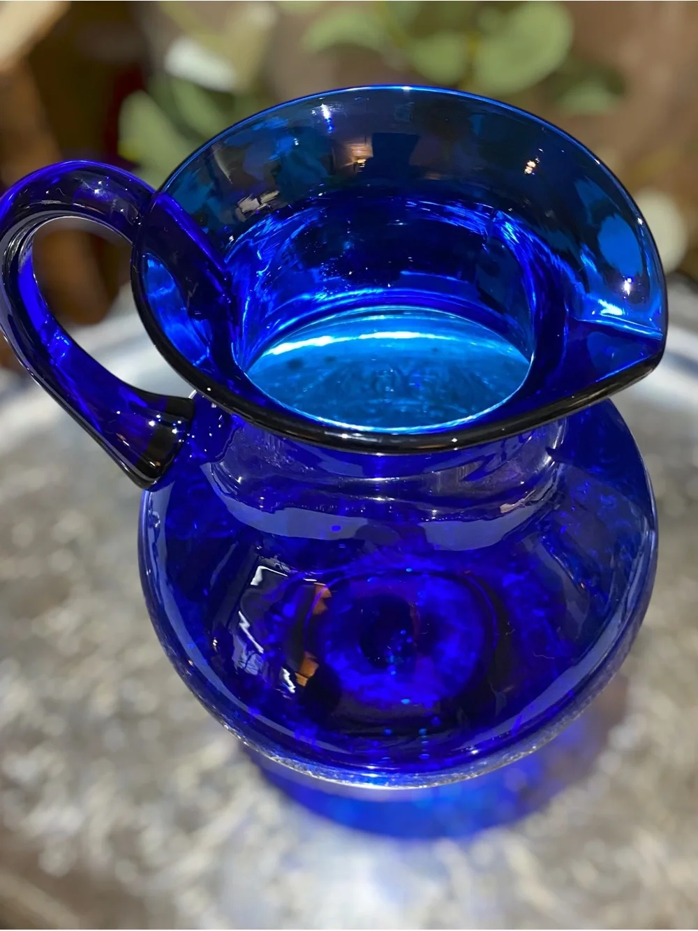 Vintage Signed Blenko Cobalt Blue Pitcher Art Glass Hand Blown Water Iced Tea